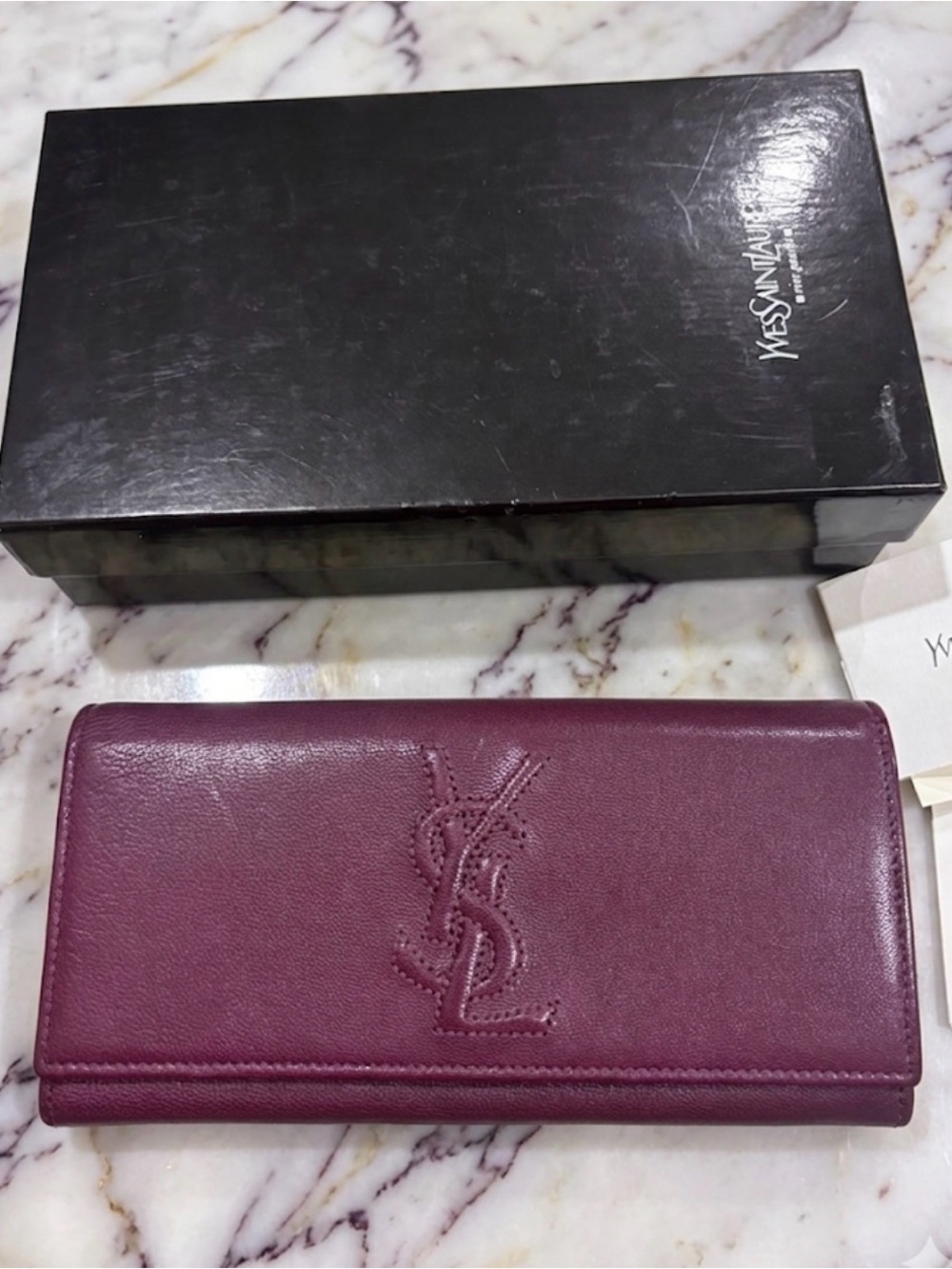 Yves Saint Laurent Plum Leather Long Wallet with Tonal YSL Emblem